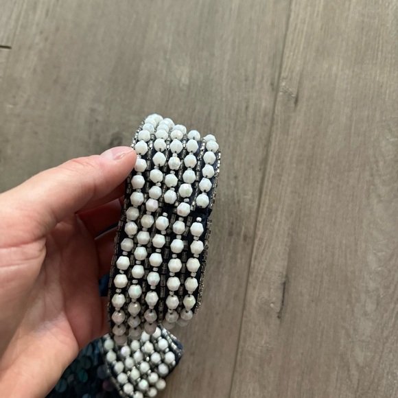 Vintage Cache Blue Sequin White Beaded Cage Cut Out Mini Dress - Picture 3 of 6